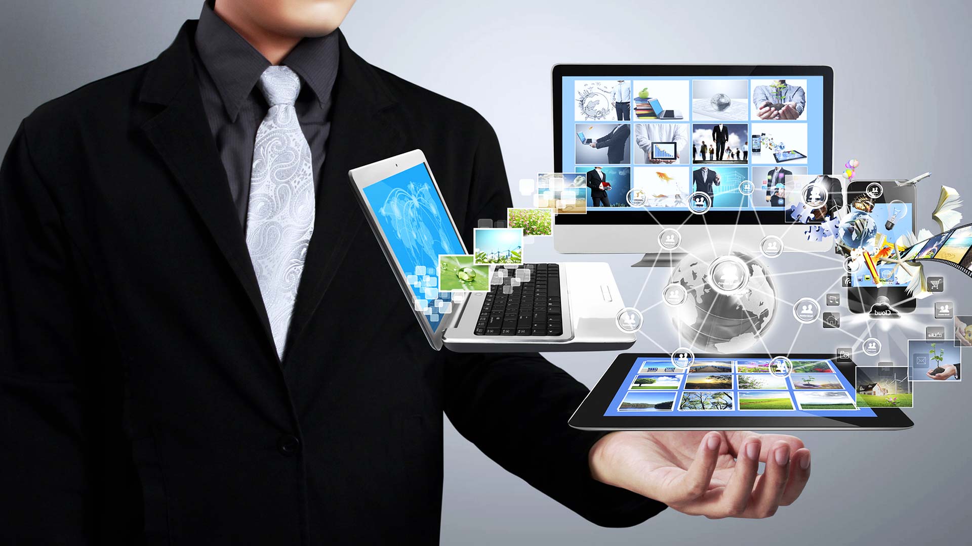 Floating laptop above a guy's hand